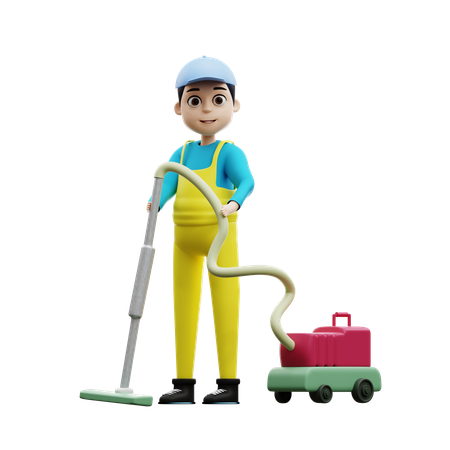 Trabajador de limpieza haciendo limpieza con aspiradora Piso limpio en casa  3D Icon