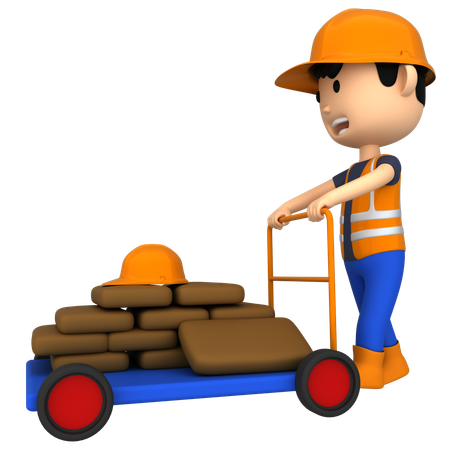 Trabajador del sitio llevando ladrillos en carro  3D Illustration