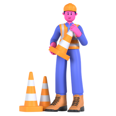 Trabajador masculino sosteniendo cono de tráfico  3D Illustration