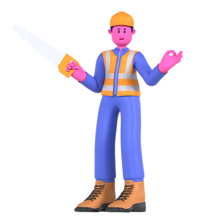 Trabajador de sexo masculino que sostiene la sierra  3D Illustration