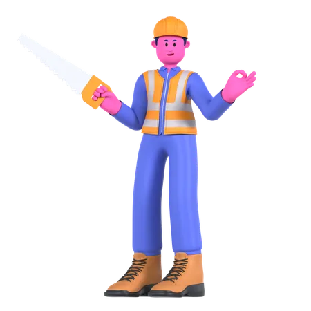 Trabajador de sexo masculino que sostiene la sierra  3D Illustration