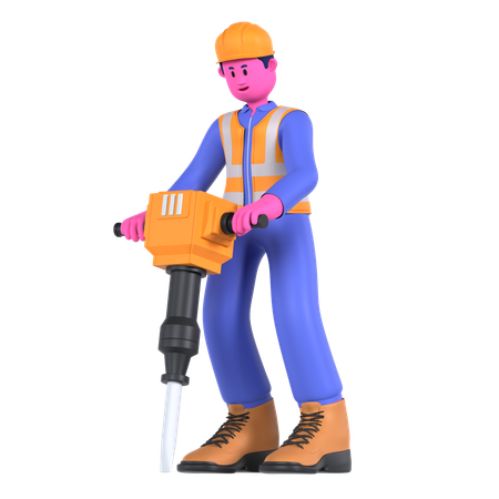 Trabajador masculino usando martillo neumático  3D Illustration