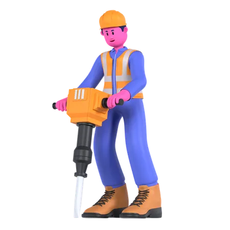 Trabajador masculino usando martillo neumático  3D Illustration