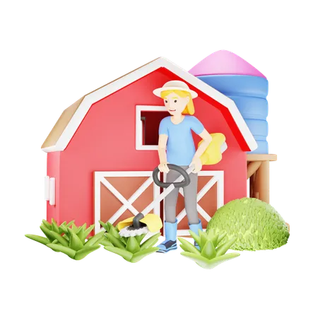 Trabajadora de jardín con podadora de césped  3D Illustration