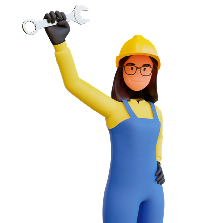 Trabajador de la construcción femenina sosteniendo una llave  3D Illustration