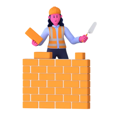 Trabajadora haciendo pared de ladrillos  3D Illustration