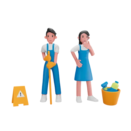 Trabajadores de limpieza masculinos y femeninos.  3D Illustration