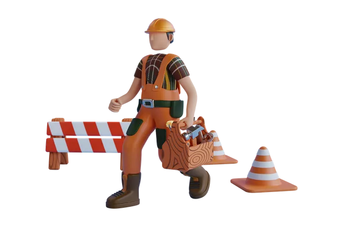 Trabalhador da construção civil carregando ferramentas de carpintaria  3D Illustration
