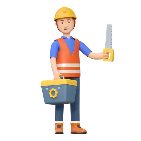 Trabalhador Da Construcao Civil Carregando Serra De Madeira Ilustracao De Personagem De Desenho Animado 3 D 3D Illustration