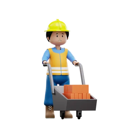 Trabalhador da construção civil com carrinho de mão  3D Illustration