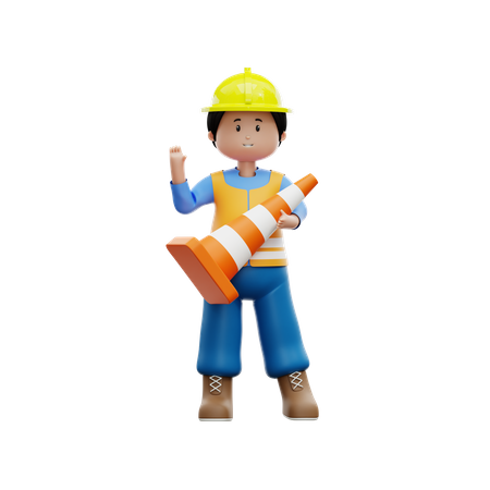 Trabalhador da construção civil com cone de trânsito  3D Icon
