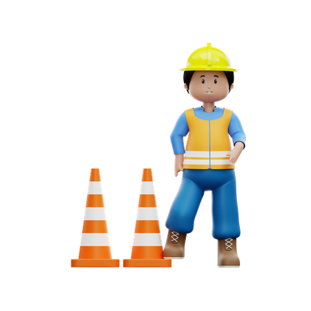 Trabalhador da construção civil com cone de trânsito  3D Illustration