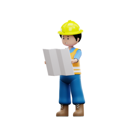 Trabalhador da construção civil com mapa de tarefas  3D Icon