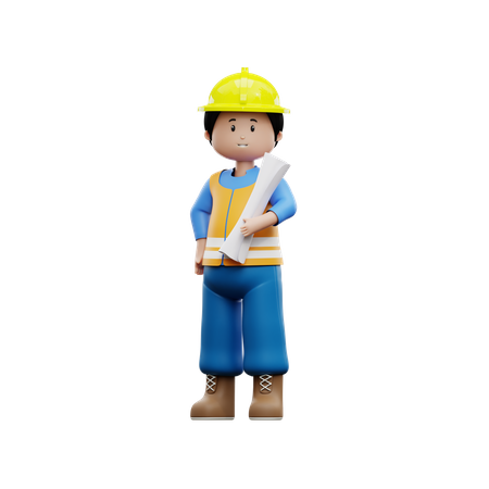 Trabalhador da construção civil com mapa de tarefas  3D Icon