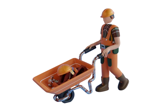Trabalhador da construção civil com um carrinho de mão cheio de ferramentas  3D Illustration