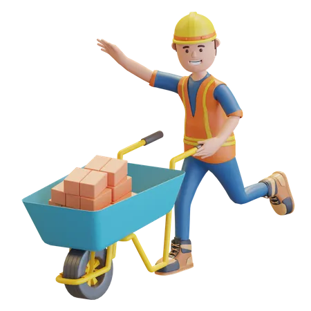 Trabalhador da construção civil empurrando carrinho de mão  3D Illustration