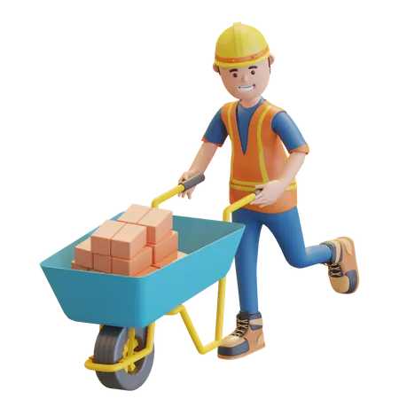Trabalhador da construção civil empurrando carrinho de mão  3D Illustration