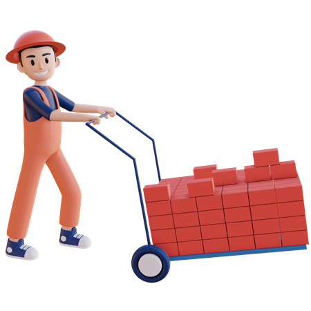 Trabalhador da construção civil empurrando o carregador de tijolos  3D Icon