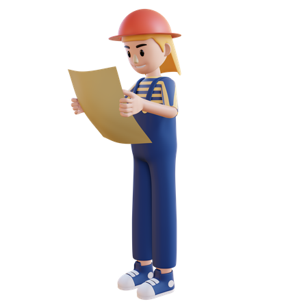 Trabalhador da construção civil feminino assistindo no mapa de construção  3D Icon