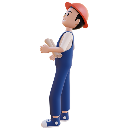 Trabalhador da construção civil masculino segurando o mapa do edifício  3D Icon