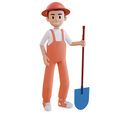 Trabalhador da construção civil segurando Shoval  3D Icon