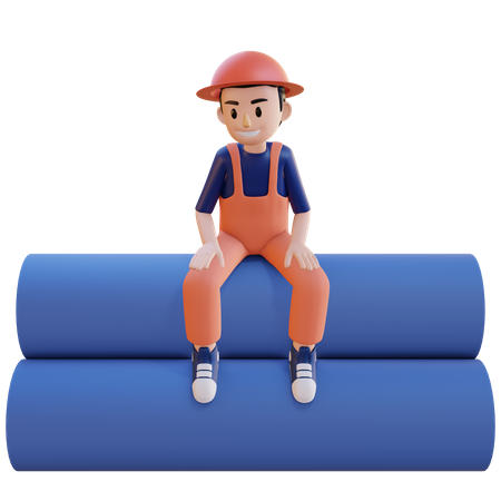 Trabalhador da construção civil sentado no cano  3D Icon