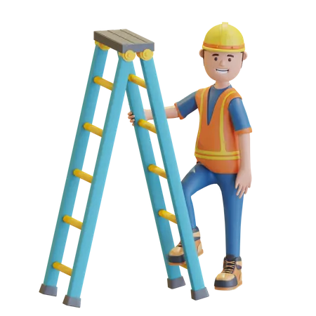 Trabalhador Da Construcao Civil Usa Capacete De Seguranca Amarelo E Colete Segurando A Escada Ilustracao De Renderizacao 3 D 3D Illustration