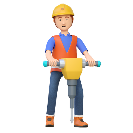 Trabalhador da construção civil usando furadeira britadeira  3D Illustration