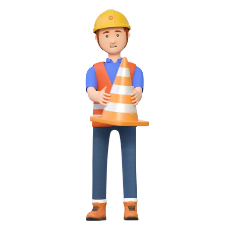 Trabalhador da construção civil segurando o cone da estrada  3D Illustration