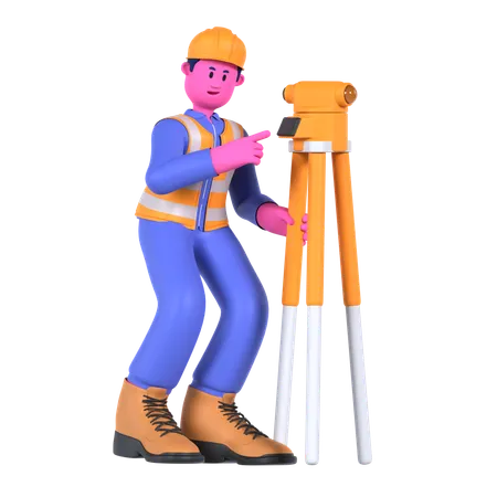 Trabalhador masculino usando teodolito  3D Illustration