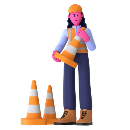 Trabalhadora segurando cone de trânsito  3D Illustration