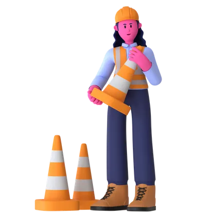 Trabalhadora segurando cone de trânsito  3D Illustration