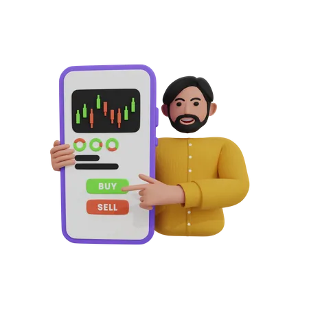 Comerciante masculino apontando o botão de compra no gráfico do mercado de ações  3D Icon
