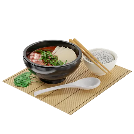 Traditional Korean soup Kimchi with meat and garnished with tofu and green onions  3D Illustration