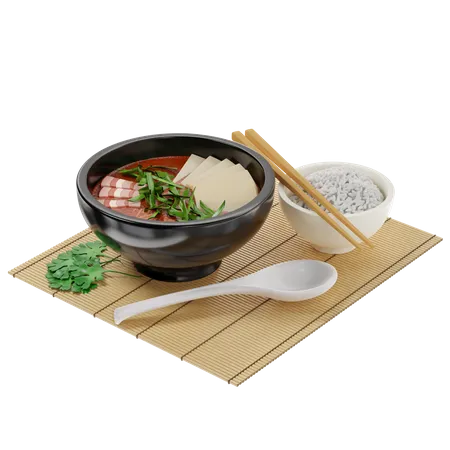 Traditionelle koreanische Suppe Kimchi mit Fleisch, garniert mit Tofu und Frühlingszwiebeln  3D Illustration