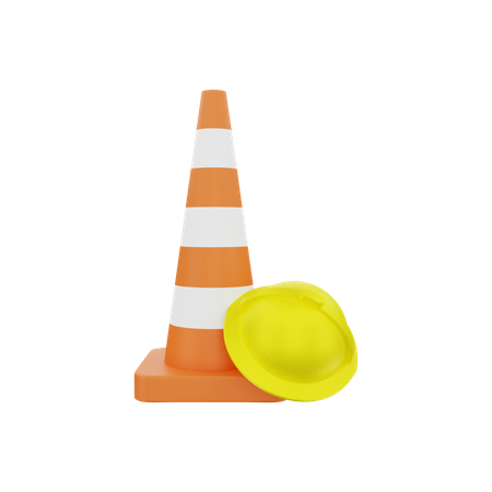 Traffic cone with construction hat 3D Illustration