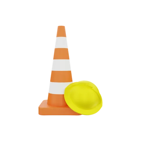 Traffic cone with construction hat  3D Illustration