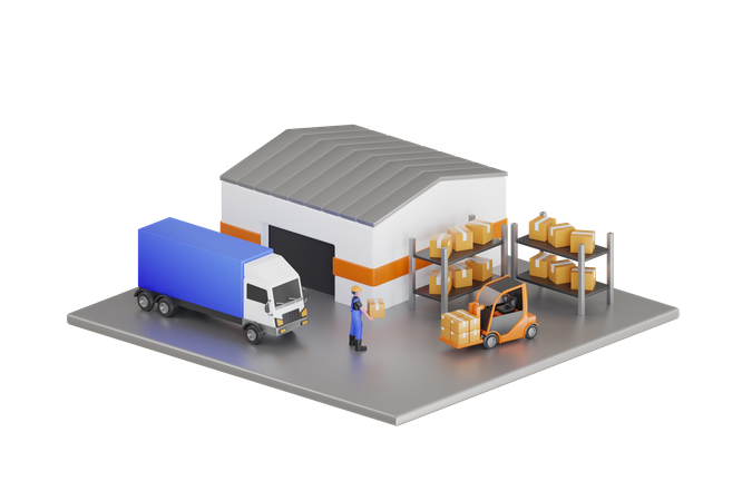 Trailer Container Truck Parked Loading Package Boxes at the Warehouse  3D Icon