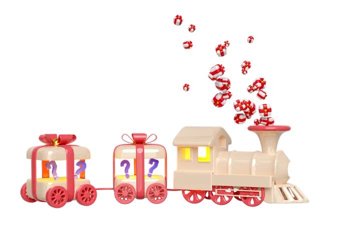 3 D Locomotive Steam Cartoon With Wagons Shaped Like A Gift Box Question Mark Train Transport Toy Happy New Year 3 D Render Illustration 3D Icon