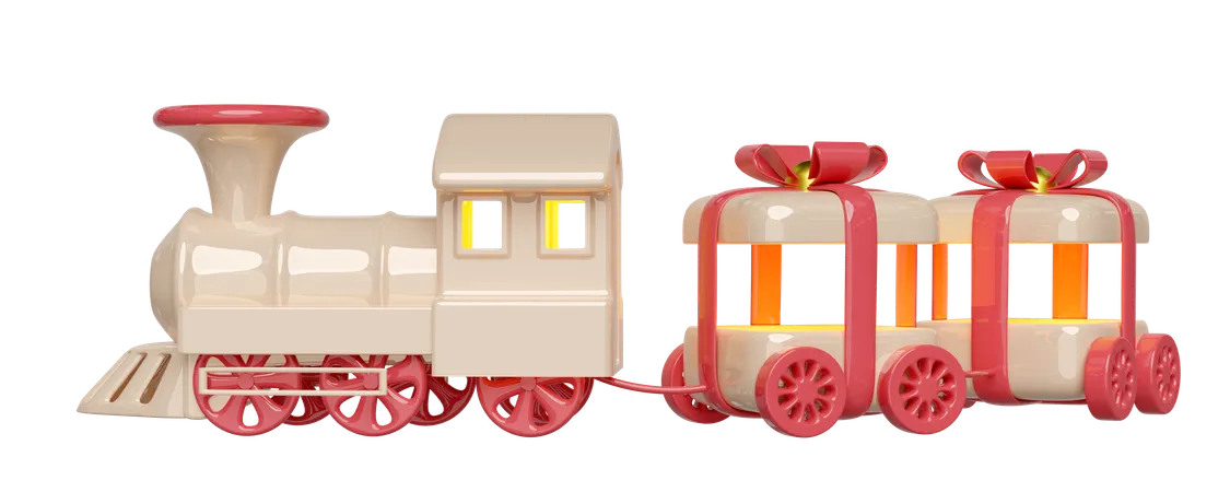 3 D Locomotive Steam Cartoon With Wagons Shaped Like A Gift Box Train Transport Toy Happy New Year 3 D Render Illustration 3D Icon
