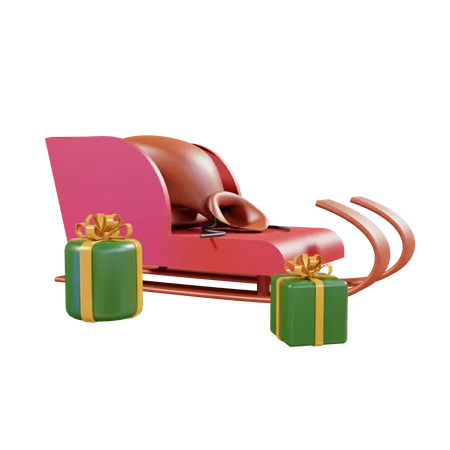 Traîneau du père Noël et coffret cadeau  3D Illustration