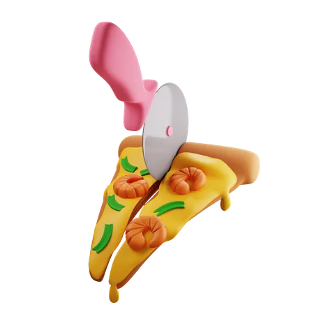 Tranche de pizza aux crevettes divisée en deux par un couteau à pizza  3D Illustration
