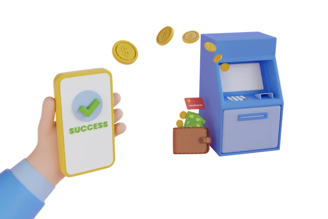Transfer funds from mobile to ATM 3D Illustration