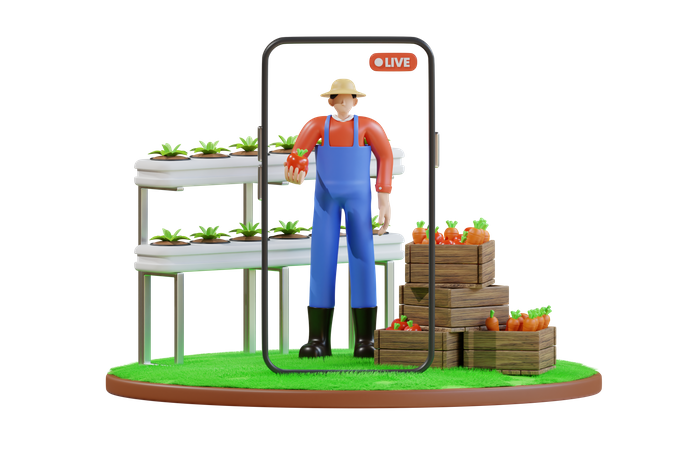 Transmisión en vivo del granjero en la granja  3D Illustration