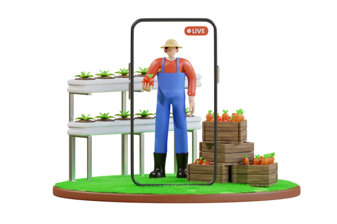 Transmisión en vivo del granjero en la granja  3D Illustration