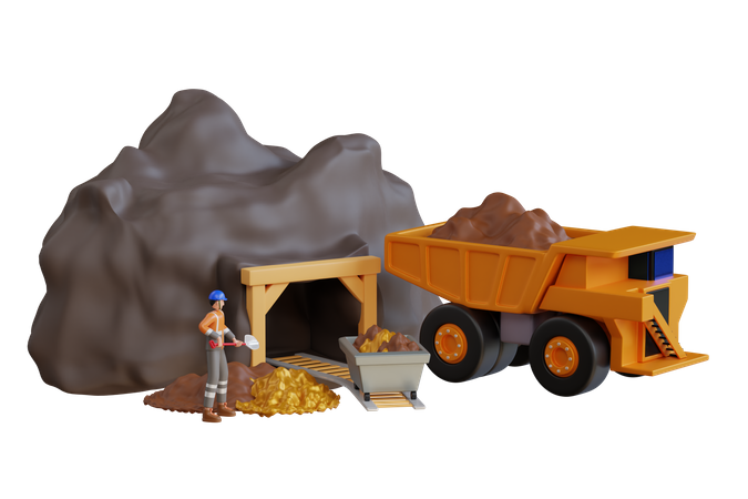 Transporting truck at the entrance of gold mine  3D Illustration