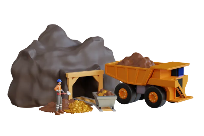 Transporting truck at the entrance of gold mine  3D Illustration