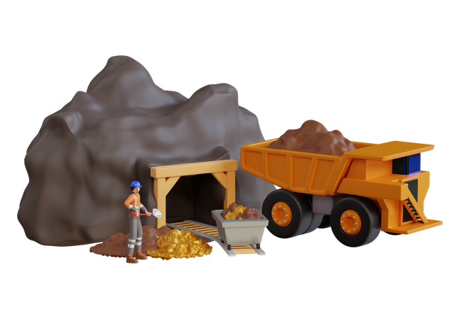 Transporting truck at the entrance of gold mine  3D Illustration