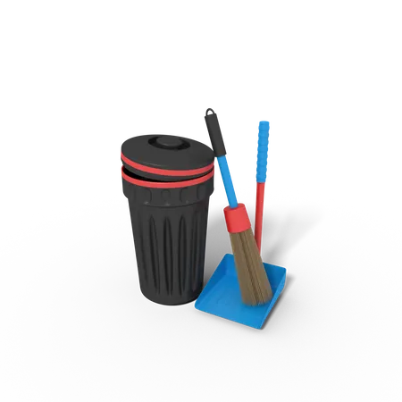 Trash Can And Broomstick  3D Icon