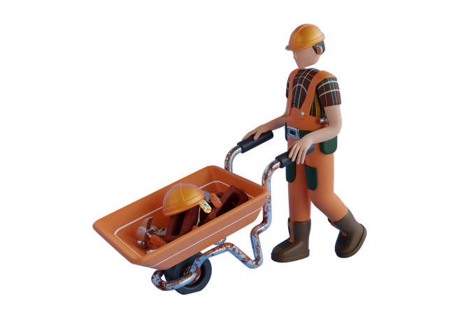 Travailleur de la construction avec une brouette pleine d'outils  3D Icon